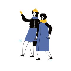 Walking girlfriends in winter clothes flat vector illustration. Winter season outdoor stroll. Friendship. Friendly rest, communication.Female friends characters wearing warm outwear.