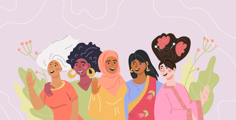 Womens Day poster or card with different diverse multi ethnic group of women.