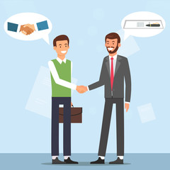 Handshake Two Smiling Businessman. Make Contract. Search for Colleagues. Candidate for Position. Vector Illustration. Evaluate Professional Qualities. Recruitment Agency. Recruiting Director Selection