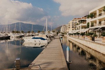 Fototapeta na wymiar 9 Nov 2018 Beautiful sea promenade in Tivat, Montenegro. Kotor bay, Adriatic sea. Famous travel destination. - Image