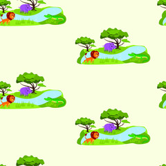 Seamless pattern with wild animals, animals in savannah, lion, crocdile, hippopotamus, vector seamless