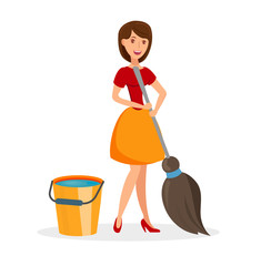 Fototapeta premium Wife with Cleaning Tools Flat Vector Illustration. Smiling Housewife Washing Floor. Bucket of Water and Broom, Mop. Cleaning Service, Domestic Chores, Cleanup, Routine Activities about House