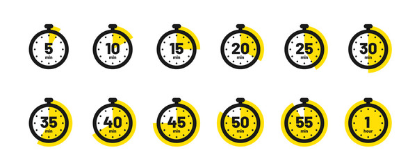 Set of timer and stopwatch icons. Kitchen timer icon with different minutes. Cooking time symbols and labels - obrazy, fototapety, plakaty