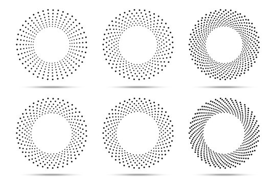 Halftone circular dotted frames set. Circle dots isolated on the white background. Logo design element for medical, treatment, cosmetic. Round border using halftone circle dots texture. Vector