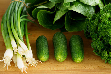 Fresh organic produce from local farmers market. High resolution, natural wood background