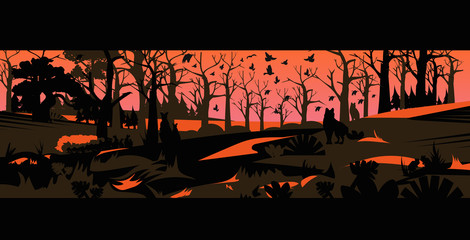 animals silhouettes escaping from forest fires in australia wildfire bushfire burning trees natural disaster concept intense orange flames horizontal vector illustration