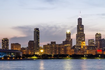 Fototapeta na wymiar Beautiful view of Chicago skyline with waterfront at twilight, Illinois, USA