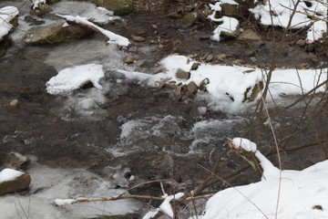 winter snow-covered mountain stream of water