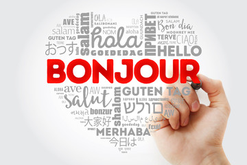 Bonjour (Hello Greeting in French) heart in different languages © dizain