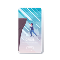 businessman climbing on cliff from abyss arrows falling down financial crisis bankruptcy investment risk concept business man hanging on rope full length smartphone screen mobile app copy space vector