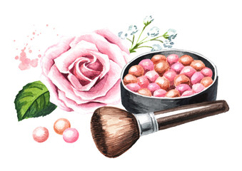 Obraz na płótnie Canvas Cosmetic powder balls and makeup brush and rose flower