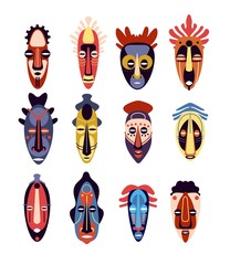 African mask. Traditional ritual or ceremonial ethnic hawaiian, aztec human face masks, muzzle aboriginal totem, colorful flat vector set. Illustration ethnic mask, tribal ritual, traditional culture - obrazy, fototapety, plakaty