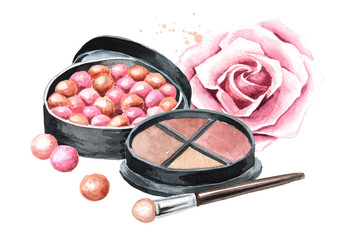 Obraz na płótnie Canvas Cosmetic powder balls, cosmetic shadows and rose flower
