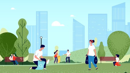 People collecting garbage in city park. Volunteers cleaning environment nature. Ecology and clean planet vector illustration. People in park cleaning rubbish, activist social