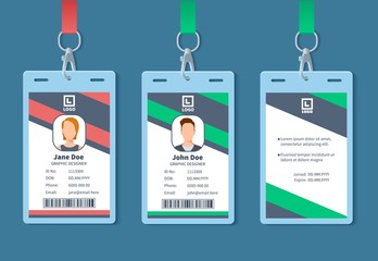 Id card. Corporate event staff badges, identity employee name label. Conference membership pass with organization design vector mockup. Id pass badge for conference, card access illustration
