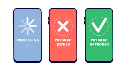Payment transactions. Online payment approved, denied and in process on smartphone screen. Flat mobile pay service vector concept. Money banking, finance electronic, checkout processing illustration