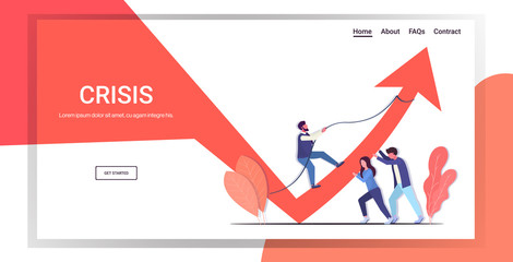 businesspeople team pushing arrow graph up growth financial crisis teamwork investment risk concept business people controlling red chart moving upward full length horizontal copy space vector