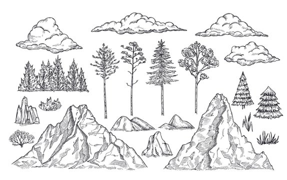 Nature landscape elements. Mount rocks, trees and bush. Sketch isolated park, garden or forest silhouettes. Hand drawn mountains vector set. Illustration rock sketch, landscape mountain