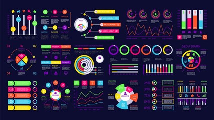Infographic dashboard. Graphic charts, finance diagrams. Web data graphs and ui interface elements. Modern statistic for presentation vector set. Infographic diagram, chart finance illustration