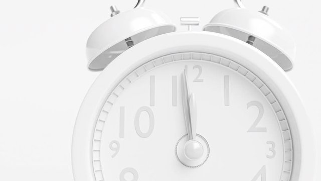 Alarm clock white color. Alarm at 12.00. Minimal idea concept, 3D Render.