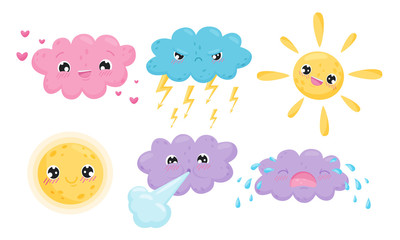 Clouds and Celestial Bodies Smiling and Crying Vector Set