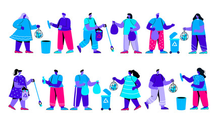 Set of men and women or ecologists picking up, collecting, sorting and disposing garbage. Environment protection, waste recycling and disposal, eco volunteering. Modern flat blue vector illustration.