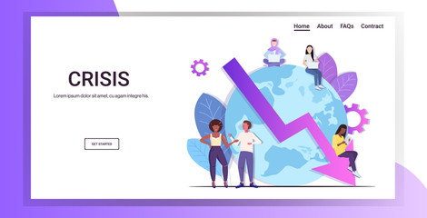 businesspeople frustrated about financial crisis bankruptcy investment risk concept mix race colleagues brainstorming stopping economic arrow falling down full length horizontal copy space vector