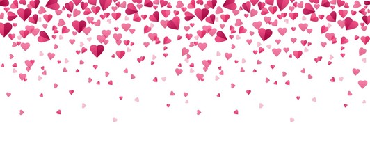 Pink confetti hearts falling background in flat style vector illustration. Romantic flying paper hearts. Greeting card and Valentines day concept. Isolated on white