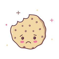 The cookie is sad because a piece of it was bitten off. Kawaii cartoon character. Vector illustration.