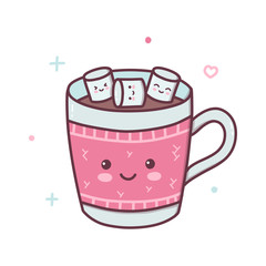 A mug of hot chocolate or cocoa in which marshmallows are bathed. Kawaii cartoon character. Vector illustration.