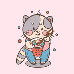 Cute cat with street food. Kawaii childish vector illustration