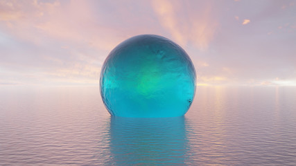 huge crystal sphere is swimming in the ocean