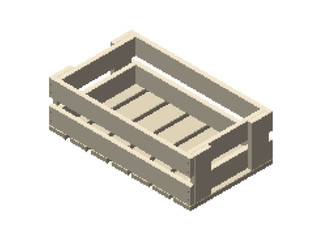 Pixelated Empty wooden crate. Pixel Art Vector 3d illustration. Isometric projection. Isolated on white background.