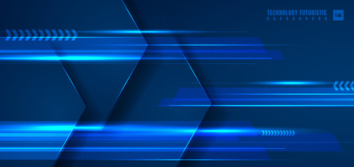 Abstract technology futuristic concept blue geometric hexagon with horizontal light line on dark blue background.