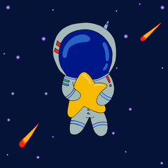 vector children illustration, cute astronaut hugs a star in space