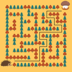 Hedgehog and Mushroom Maze. Educational game for children. Help the hedgehog find the mushroom - Maze puzzle with solution
