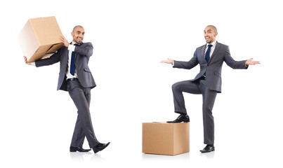 Businessman with box isolated on the white