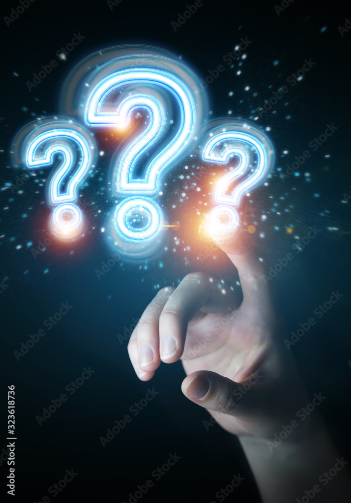 Leinwandbilder Man hand using digital question marks holographic interface 3D rendering