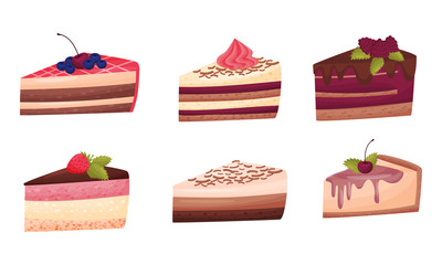 Sweet Cakes with Cream and Berries on Top Vector Set