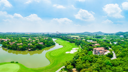 Aerial view of a beautiful green golf course in Shanghai,panoramic view.