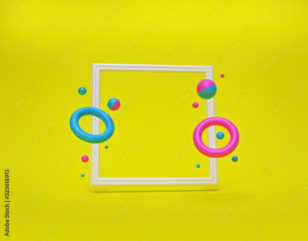 Poster flying colorful geometric shapes in motion with a square frame. modern background for design present