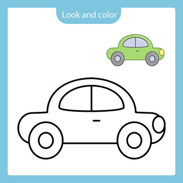 Coloring page outline of car toy with example.