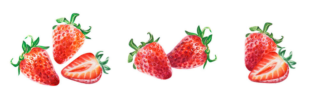 Watercolor set of red juicy strawberries. Hand drawn food illustration. Fruit print. For postcards, packages, cards, logo, desserts. Summer sweet and bright fruits and berries.