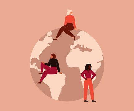 Activist Women of different nationalities and cultures sit on the big globe. Vector concept of the female's empowerment movement and Environment conservation.