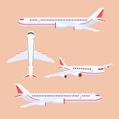 Naklejka premium set of airplane, plane various view flat vector illustration