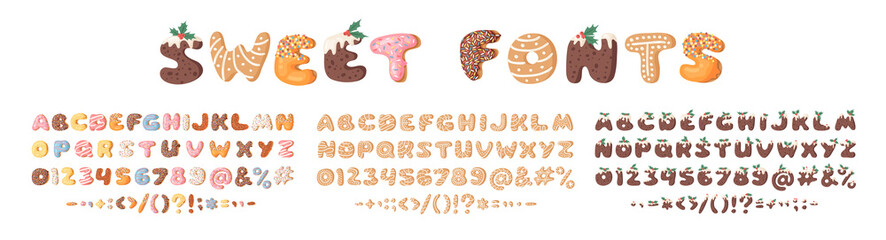 Three cartoon vector illustrations donuts, Christmas Dudding and Gingerbread Cookies. Hand drawn font with sweets. Actual Creative art bake alphabet 