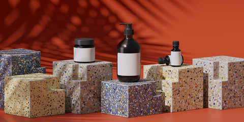 Abstract background for branding and minimal presentation. ฺฺCosmetic bottle on terrazzo geometry podium on red background with shadow of leaf. 3d rendering illustration.