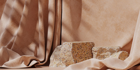 Minimal background for branding and product presentation. Beige terrazzo podium on beige fabric background with shadow of leaf. 3d rendering illustration.