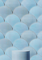 Fototapeta premium Abstract background for branding and minimal presentation.Blue ceramic podium on blue Moroccan fish scales tile background. 3d rendering illustration.