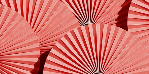 Abstract background summer concept. Coral paper fan medallion background. 3d rendering illustration.
